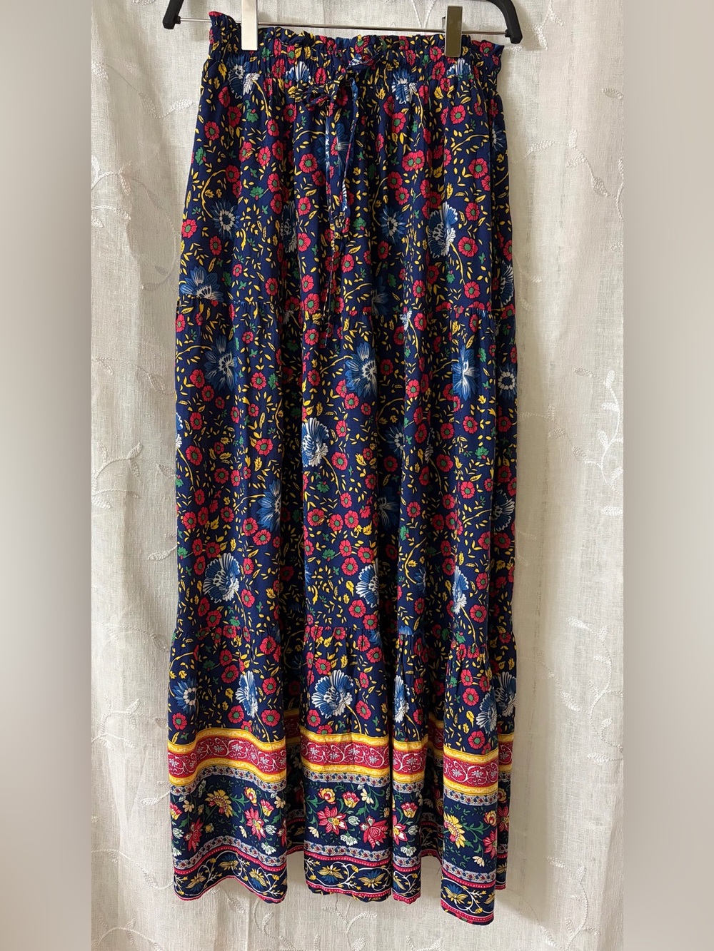 Navy Floral Tiered Maxi Skirt with Border Trim Small
